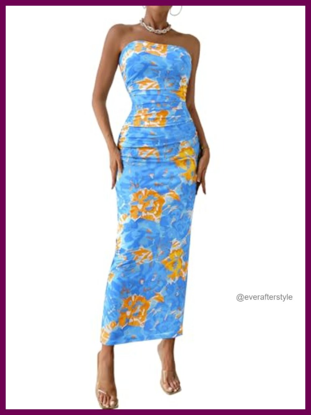 Women's Strapless Bodycon Floral Maxi Dress Ruched Slit Sleeveless